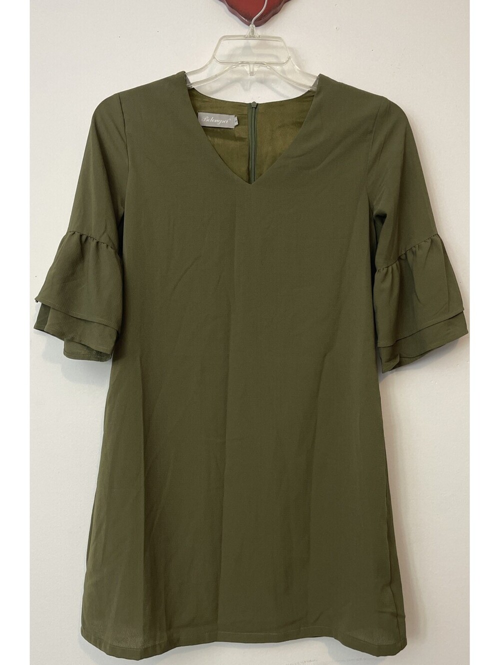 Belongsci Womens Small Green Vneck Zip-Up Knee-Length Lined Ruffled Dress! A6251